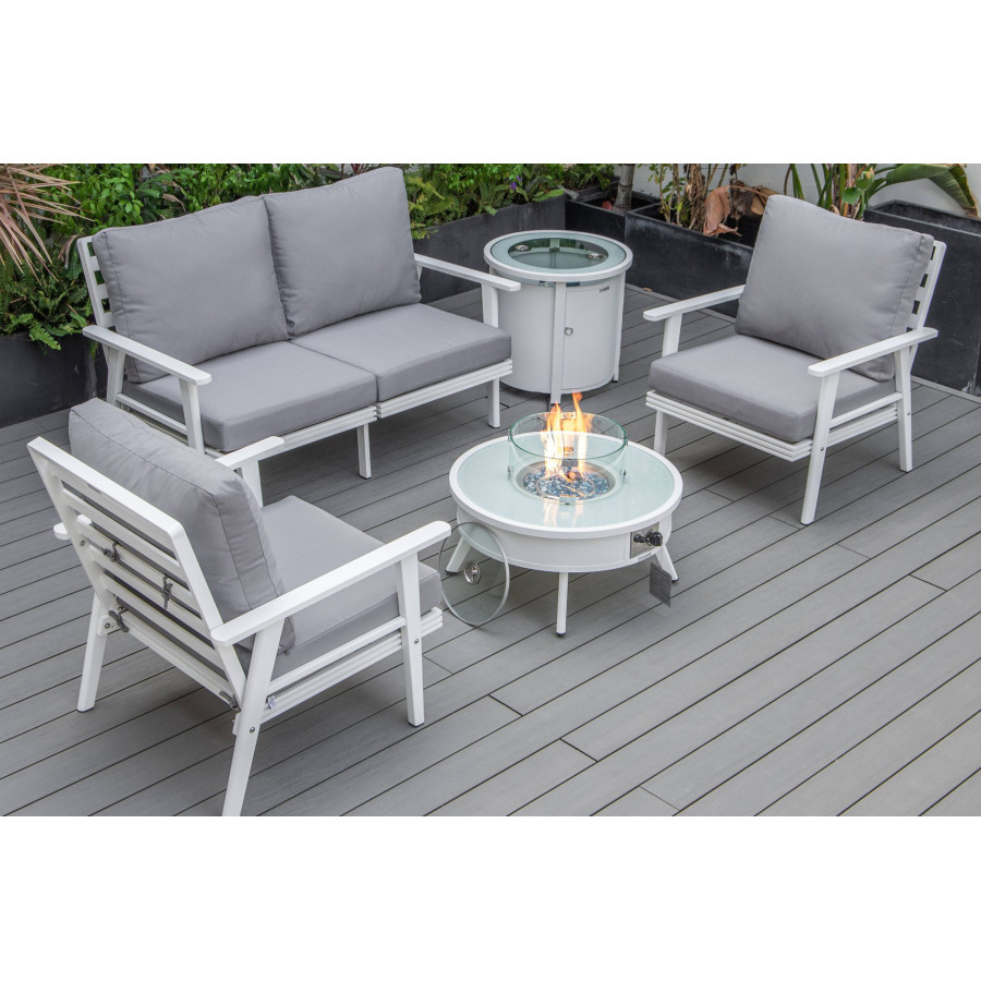 LeisureMod Walbrooke Modern White Patio Conversation With Round Fire Pit & Tank Holder - Gray