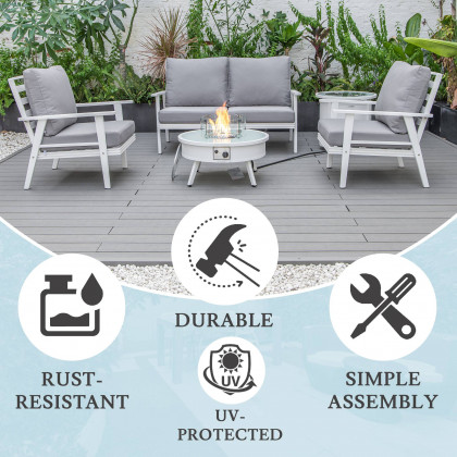 LeisureMod Walbrooke Modern White Patio Conversation With Round Fire Pit & Tank Holder - Gray