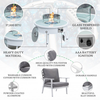 LeisureMod Walbrooke Modern White Patio Conversation With Round Fire Pit & Tank Holder - Gray