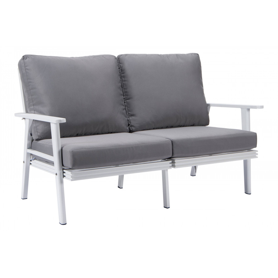 LeisureMod Walbrooke Modern Outdoor Patio Loveseat with White Aluminum Frame and Removable Cushions - Gray