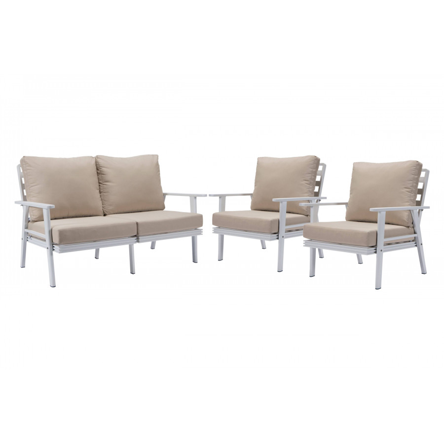 LeisureMod Walbrooke Modern 3-Piece Outdoor Patio Set with White Aluminum Frame - Beige