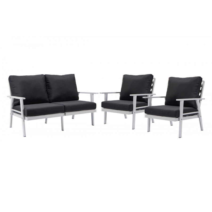 LeisureMod Walbrooke Modern 3-Piece Outdoor Patio Set with White Aluminum Frame - Charcoal