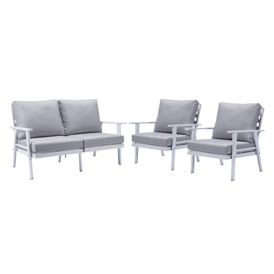 LeisureMod Walbrooke Modern 3-Piece Outdoor Patio Set with White Aluminum Frame - Light Gray