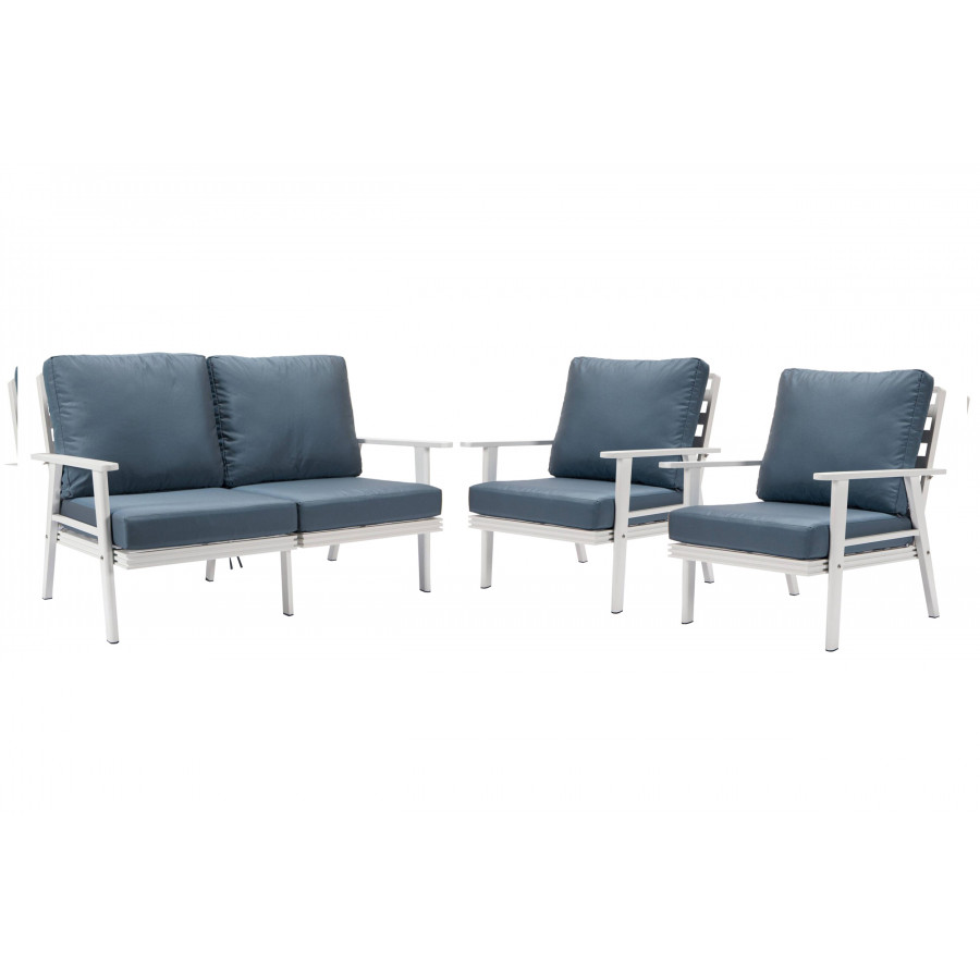 LeisureMod Walbrooke Modern 3-Piece Outdoor Patio Set with White Aluminum Frame - Navy Blue