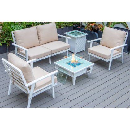 LeisureMod - Walbrooke Modern Black Patio Conversation With Square Fire Pit With Slats Design & Tank Holder