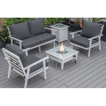 LeisureMod - Walbrooke Modern Black Patio Conversation With Square Fire Pit With Slats Design & Tank Holder
