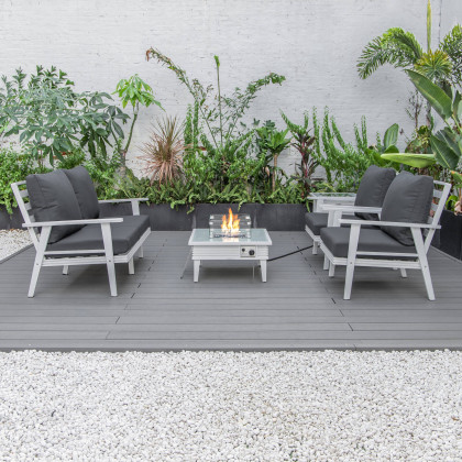 LeisureMod Walbrooke Modern White Patio Conversation With Square Fire Pit With Slats Design & Tank Holder - Charcoal