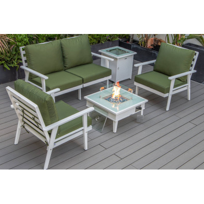 LeisureMod - Walbrooke Modern Black Patio Conversation With Square Fire Pit With Slats Design & Tank Holder