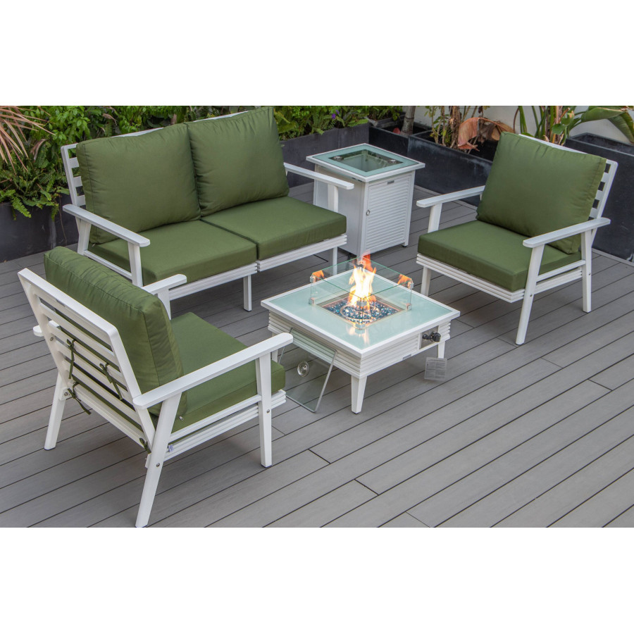 LeisureMod Walbrooke Modern White Patio Conversation With Square Fire Pit With Slats Design & Tank Holder - Green