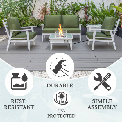 LeisureMod Walbrooke Modern White Patio Conversation With Square Fire Pit With Slats Design & Tank Holder - Green