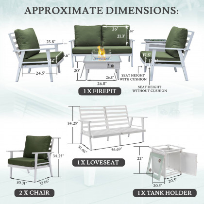 LeisureMod Walbrooke Modern White Patio Conversation With Square Fire Pit With Slats Design & Tank Holder - Green
