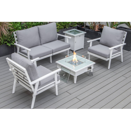 LeisureMod - Walbrooke Modern Black Patio Conversation With Square Fire Pit With Slats Design & Tank Holder