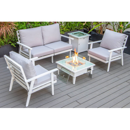 LeisureMod - Walbrooke Modern Black Patio Conversation With Square Fire Pit With Slats Design & Tank Holder
