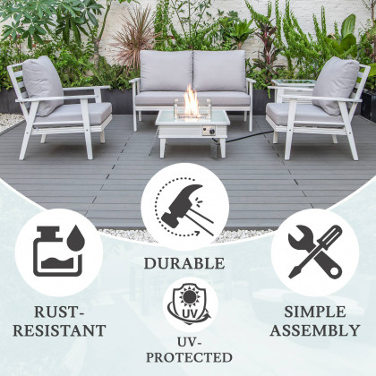 LeisureMod Walbrooke Modern White Patio Conversation With Square Fire Pit With Slats Design & Tank Holder - Light Gray