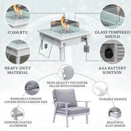 LeisureMod Walbrooke Modern White Patio Conversation With Square Fire Pit With Slats Design & Tank Holder - Light Gray