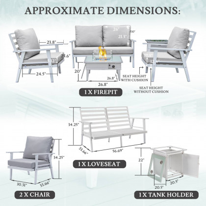 LeisureMod Walbrooke Modern White Patio Conversation With Square Fire Pit With Slats Design & Tank Holder - Light Gray