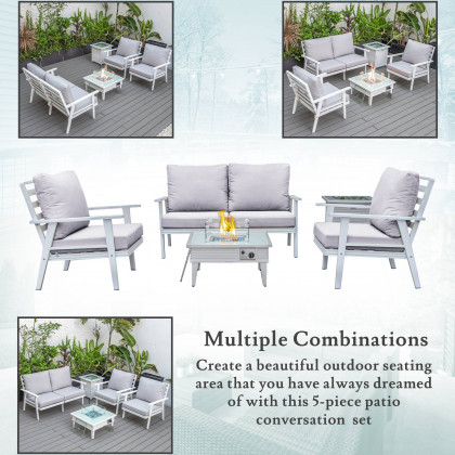 LeisureMod Walbrooke Modern White Patio Conversation With Square Fire Pit With Slats Design & Tank Holder - Light Gray
