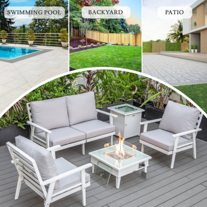 LeisureMod Walbrooke Modern White Patio Conversation With Square Fire Pit With Slats Design & Tank Holder - Light Gray