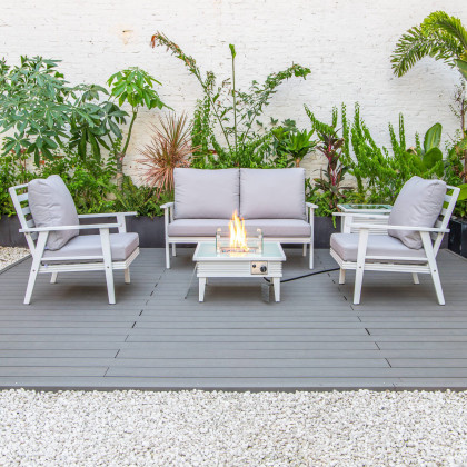 LeisureMod Walbrooke Modern White Patio Conversation With Square Fire Pit With Slats Design & Tank Holder - Light Gray