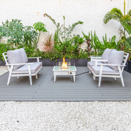 LeisureMod Walbrooke Modern White Patio Conversation With Square Fire Pit With Slats Design & Tank Holder - Light Gray