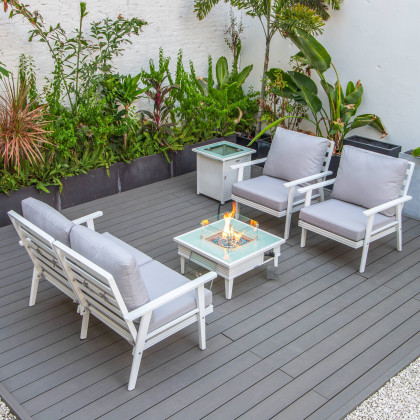 LeisureMod Walbrooke Modern White Patio Conversation With Square Fire Pit With Slats Design & Tank Holder - Light Gray