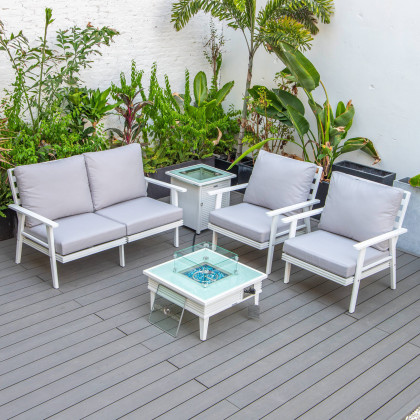 LeisureMod Walbrooke Modern White Patio Conversation With Square Fire Pit With Slats Design & Tank Holder - Light Gray
