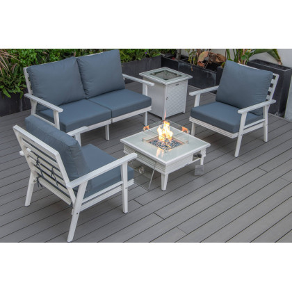 LeisureMod - Walbrooke Modern Black Patio Conversation With Square Fire Pit With Slats Design & Tank Holder