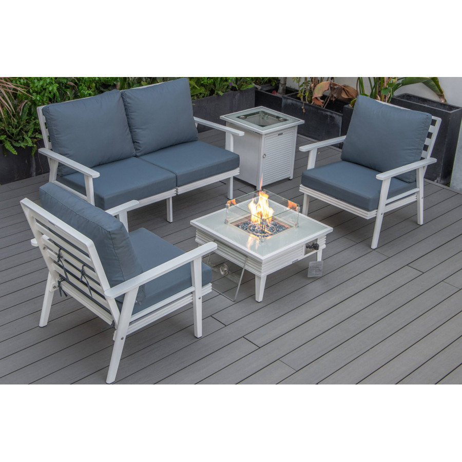 LeisureMod Walbrooke Modern White Patio Conversation With Square Fire Pit With Slats Design & Tank Holder - Navy Blue