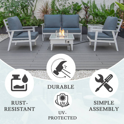 LeisureMod Walbrooke Modern White Patio Conversation With Square Fire Pit With Slats Design & Tank Holder - Navy Blue