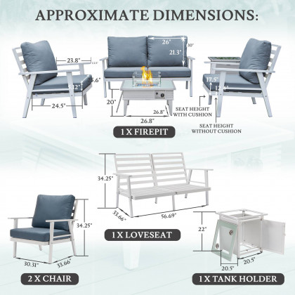 LeisureMod Walbrooke Modern White Patio Conversation With Square Fire Pit With Slats Design & Tank Holder - Navy Blue