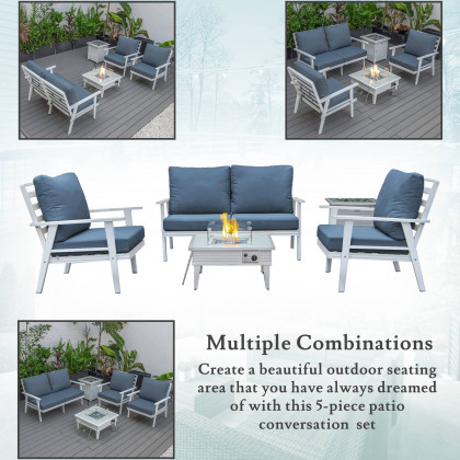 LeisureMod Walbrooke Modern White Patio Conversation With Square Fire Pit With Slats Design & Tank Holder - Navy Blue