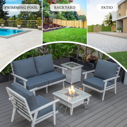 LeisureMod Walbrooke Modern White Patio Conversation With Square Fire Pit With Slats Design & Tank Holder - Navy Blue