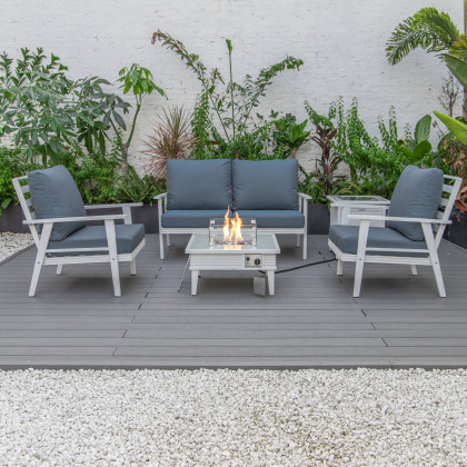 LeisureMod Walbrooke Modern White Patio Conversation With Square Fire Pit With Slats Design & Tank Holder - Navy Blue