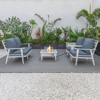 LeisureMod Walbrooke Modern White Patio Conversation With Square Fire Pit With Slats Design & Tank Holder - Navy Blue