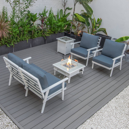 LeisureMod Walbrooke Modern White Patio Conversation With Square Fire Pit With Slats Design & Tank Holder - Navy Blue