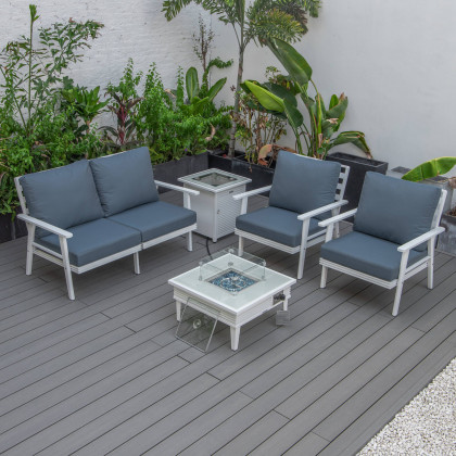 LeisureMod Walbrooke Modern White Patio Conversation With Square Fire Pit With Slats Design & Tank Holder - Navy Blue