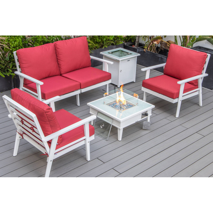 LeisureMod Walbrooke Modern White Patio Conversation With Square Fire Pit With Slats Design & Tank Holder - Red