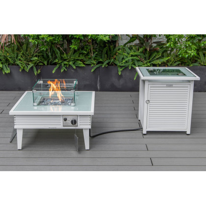 LeisureMod Walbrooke Modern White Patio Conversation With Square Fire Pit With Slats Design & Tank Holder - Red