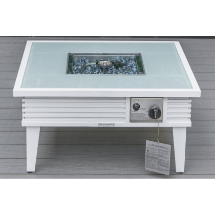 LeisureMod Walbrooke Modern White Patio Conversation With Square Fire Pit With Slats Design & Tank Holder - Red