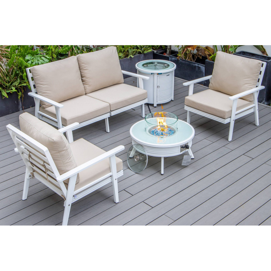 LeisureMod Walbrooke Modern White Patio Conversation With Round Fire Pit With Slats Design & Tank Holder - Beige