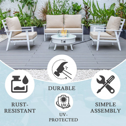 LeisureMod Walbrooke Modern White Patio Conversation With Round Fire Pit With Slats Design & Tank Holder - Beige