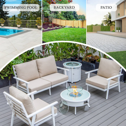 LeisureMod Walbrooke Modern White Patio Conversation With Round Fire Pit With Slats Design & Tank Holder - Beige