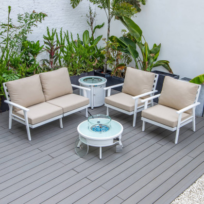 LeisureMod Walbrooke Modern White Patio Conversation With Round Fire Pit With Slats Design & Tank Holder - Beige
