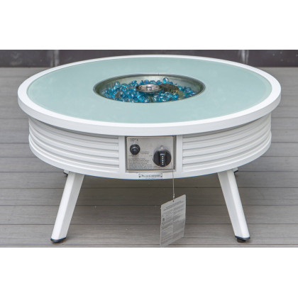 LeisureMod Walbrooke Modern White Patio Conversation With Round Fire Pit With Slats Design & Tank Holder - Beige