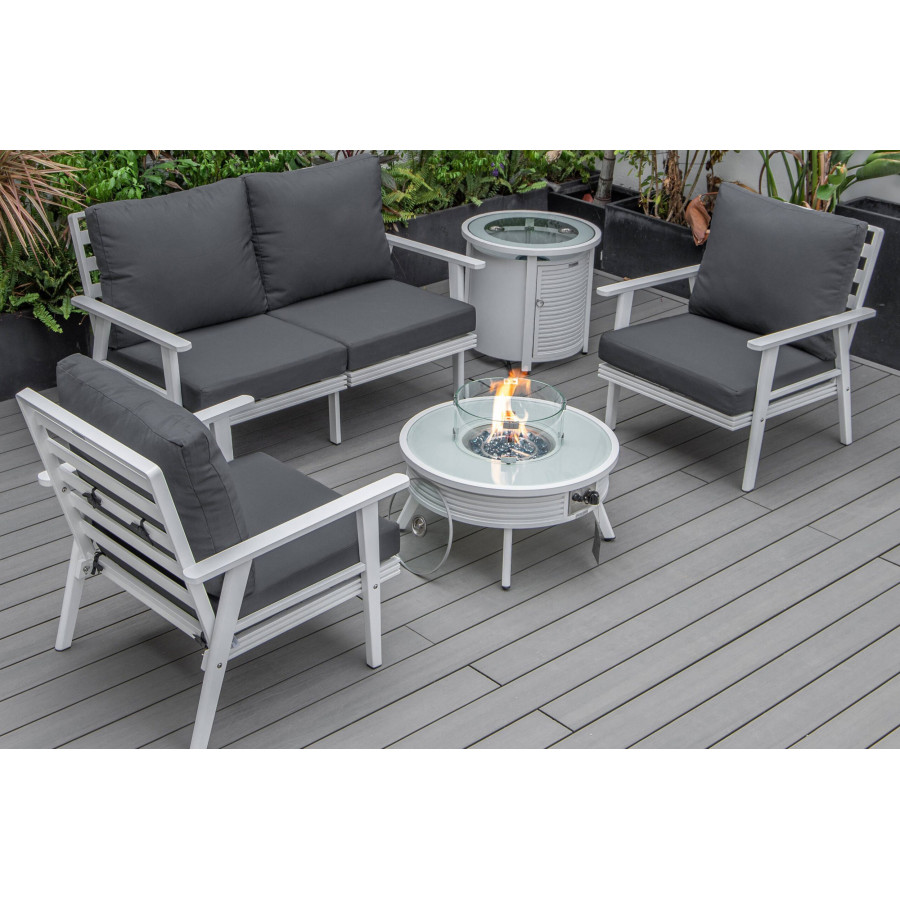 LeisureMod Walbrooke Modern White Patio Conversation With Round Fire Pit With Slats Design & Tank Holder - Charcoal