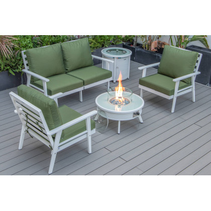 LeisureMod - Walbrooke Modern Black Patio Conversation With Round Fire Pit With Slats Design & Tank Holder