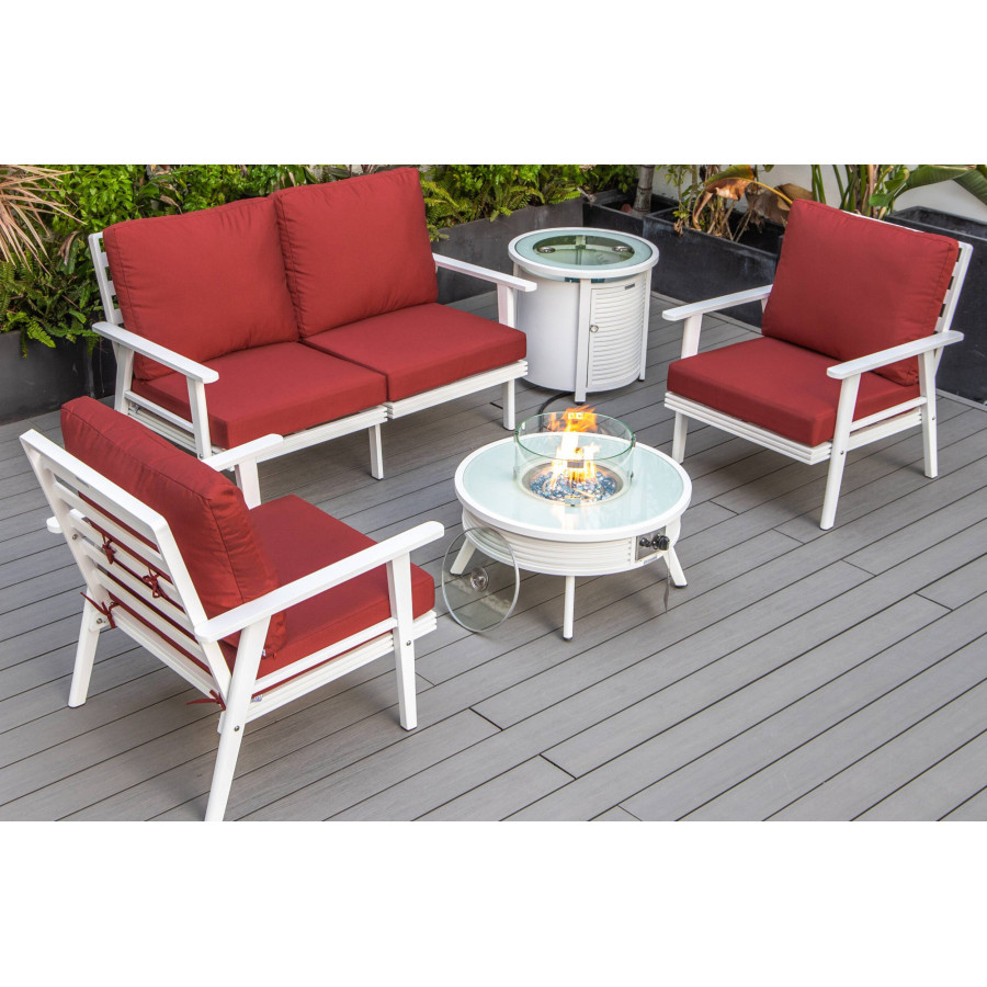 LeisureMod Walbrooke Modern White Patio Conversation With Round Fire Pit With Slats Design & Tank Holder - Red
