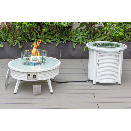 LeisureMod Walbrooke Modern White Patio Conversation With Round Fire Pit With Slats Design & Tank Holder - Red