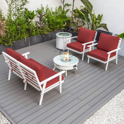 LeisureMod Walbrooke Modern White Patio Conversation With Round Fire Pit With Slats Design & Tank Holder - Red