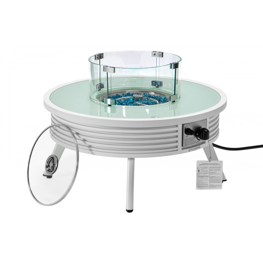 LeisureMod Walbrooke Modern Outdoor Round Fire Pit Table with Powder-Coated Aluminum Frame and Slats Design - White